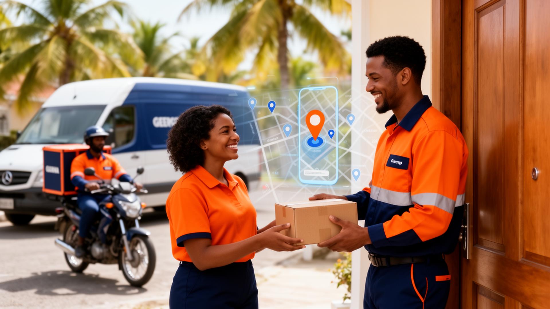 Kimtech Solution delivery driver handing a parcel to a customer in Georgetown, Guyana