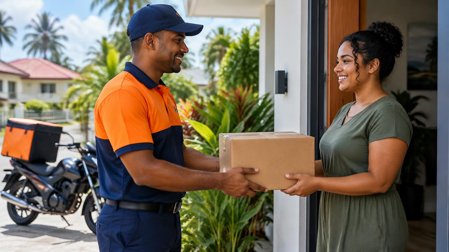 Courier handing a parcel to a smiling customer at her front door