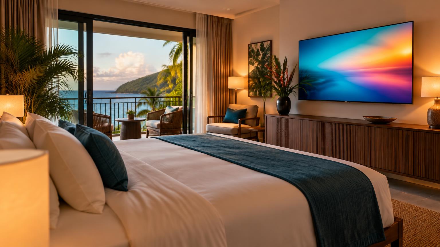 Modern hotel room with a large wall-mounted smart television