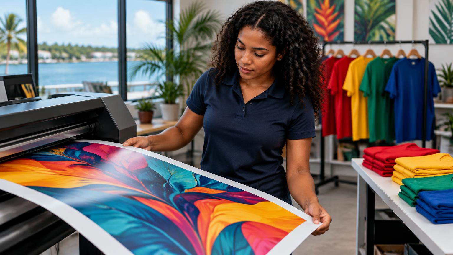 Designer inspecting a freshly printed colourful poster in a print studio