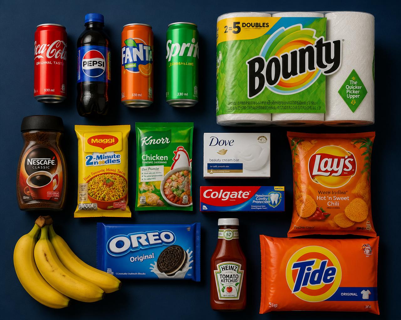 Flat-lay of familiar branded groceries and household items available for delivery in Guyana, including Coca-Cola, Pepsi, Nescafe, Maggi, Dove, Colgate, Tide, Oreo and Lay's