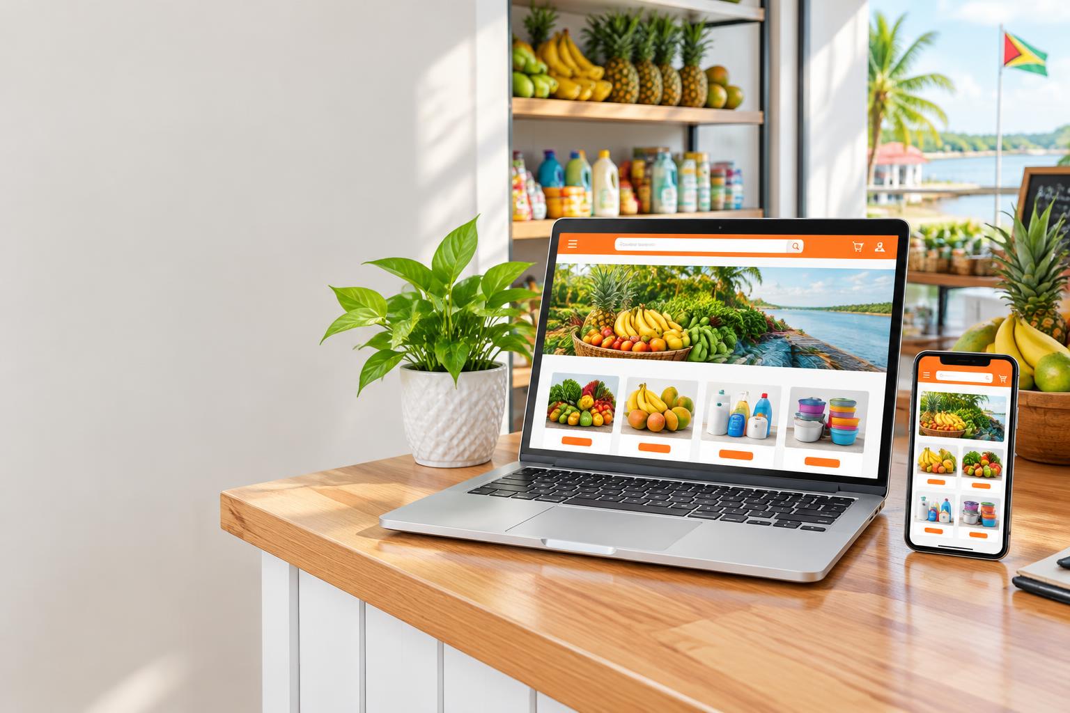 Laptop and phone displaying an illustrative storefront