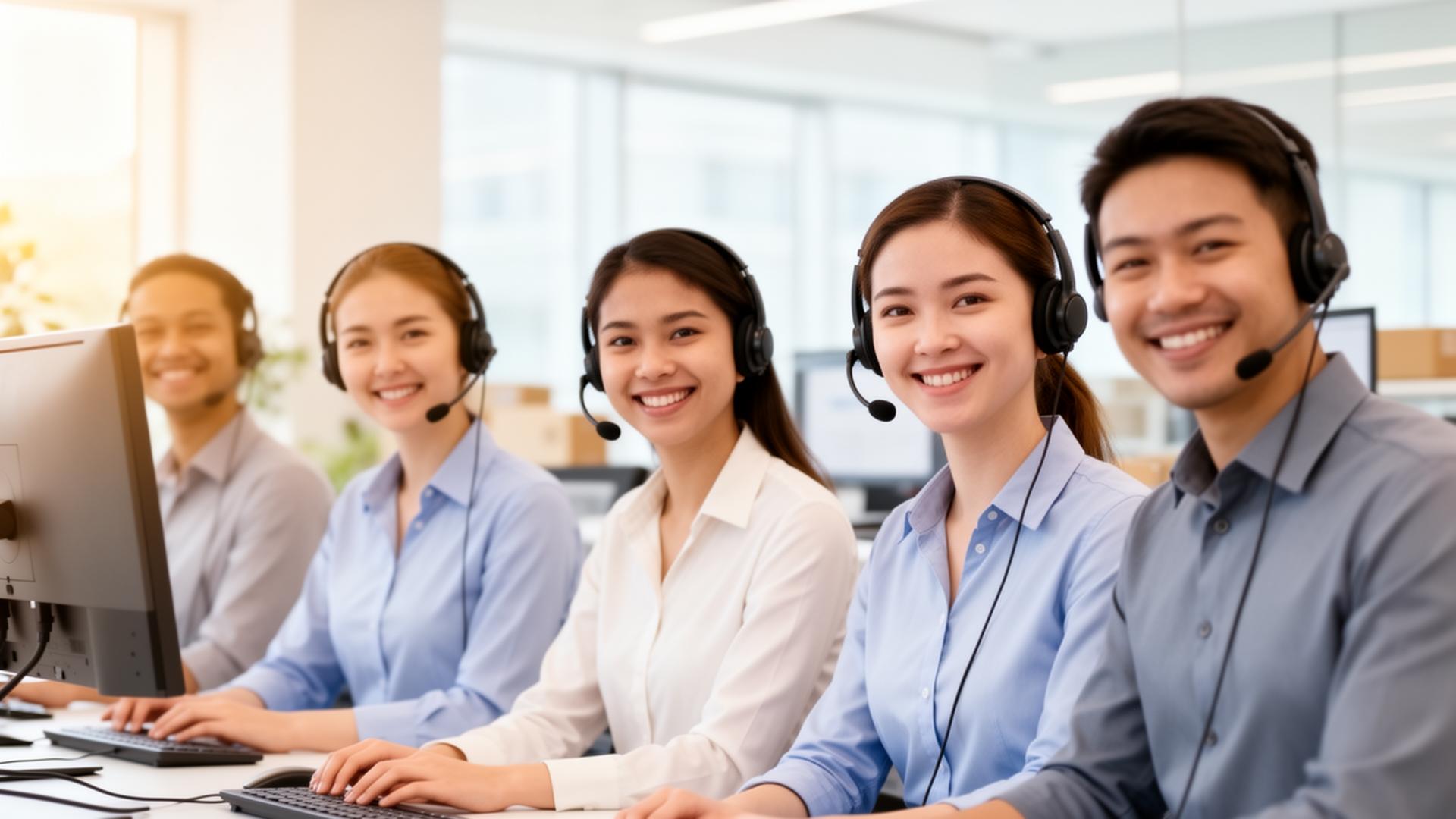 Friendly customer support team wearing headsets in a bright office
